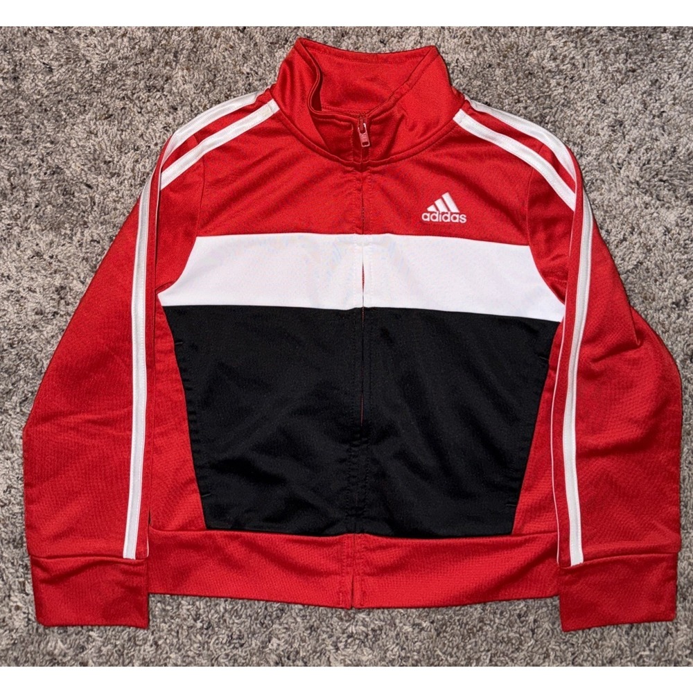 Adidas Boys Red White Black striped classic zip up track jacket with pockets 3T